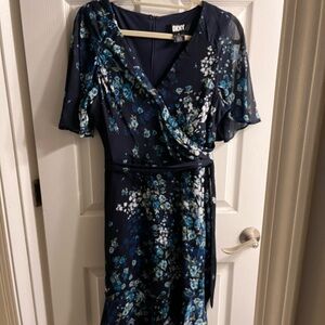 DKNY Blue Flutter Sleeve Wrap Midi Dress cottage core